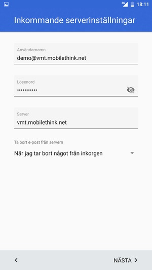 Ange Användarnamn och inkommande serveradress. Välj NÄSTA