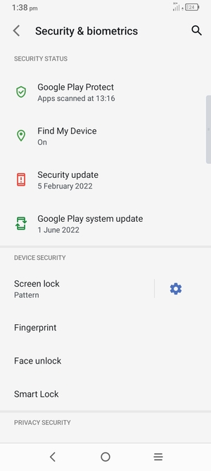 To activate your screen lock, return to the Security & biometrics menu and select Screen lock