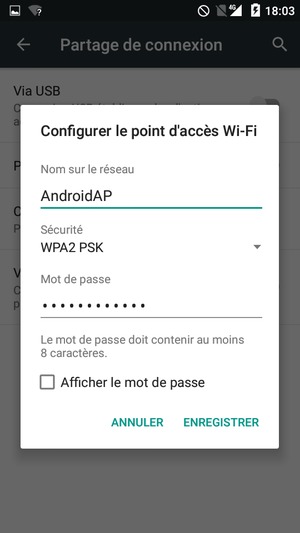 Saisissez un mot de passe de hotspot Wi-Fi d'au moins 8 caractères et sélectionnez ENREGISTRER