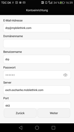 Scrollen Sie nach unten und geben Sie die Exchange Server-Adresse ein. Wählen Sie Weiter