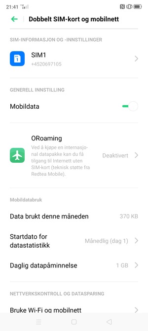 Velg SIM1 eller SIM2