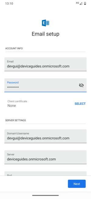 Enter Username and Exchange server address. Select NEXT