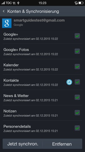 Stellen Sie sicher, dass Kontakte ausgewählt ist, und wählen Sie Jetzt synchron.