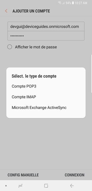 Sélectionnez Microsoft Exchange ActiveSync