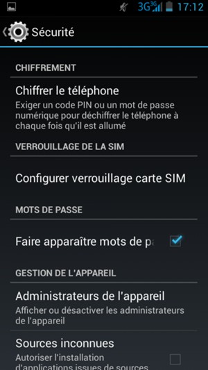Pour modifier le code PIN de la carte SIM, retournez dans le menu Sécurité et sélectionnez Configurer verrouillage carte SIM