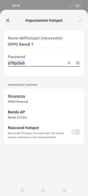 Inserisci una password dell'hotspot Wi-Fi di almeno 8 caratteri e seleziona OK