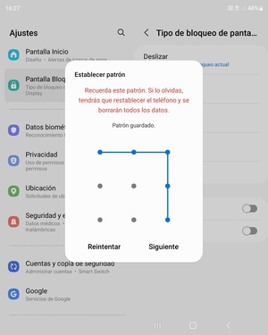 Dibuje un patrón de desbloqueo y seleccione Siguiente