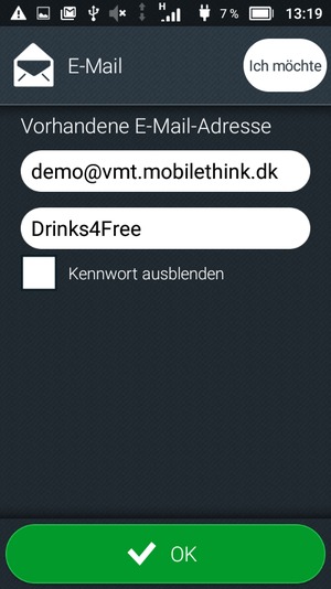 Geben Sie Ihre E-Mail-Adresse und Ihr Passwort ein. Wählen Sie OK