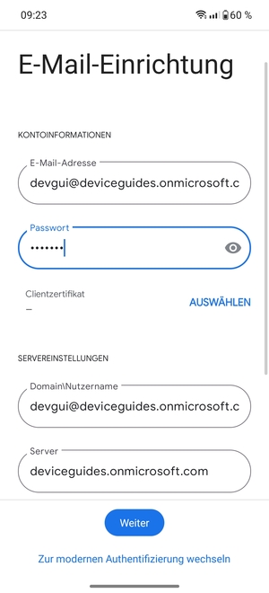Geben Sie Benutzername und Exchange Server-Adresse ein. Wählen Sie Weiter