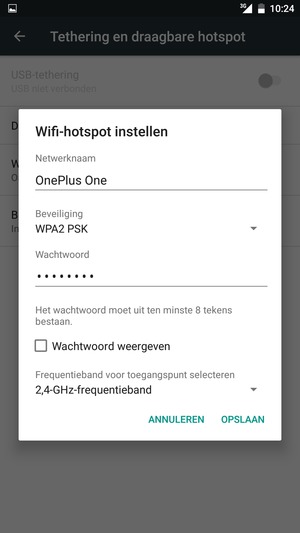 Voer een wachtwoord van een WiFi-hotspot in van ten minste 8 tekens en selecteer OPSLAAN