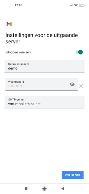 Voer Uitgaand serveradres in en selecteer VOLGENDE