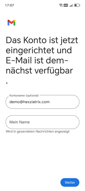Geben Sie Ihrem Konto einen Namen und geben Sie Ihren Namen ein. Wählen Sie Weiter