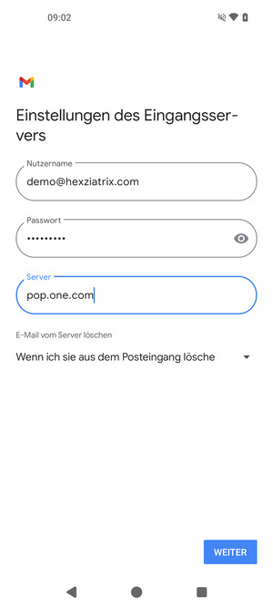 Geben Sie Benutzername und die Server-Adresse für eingehende Post ein. Wählen Sie WEITER