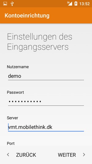 Geben Sie Benutzername und Eingang Server-Adresse ein. Wählen Sie Weiter