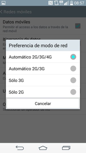 Seleccione Sólo 2G para habilitar 2G