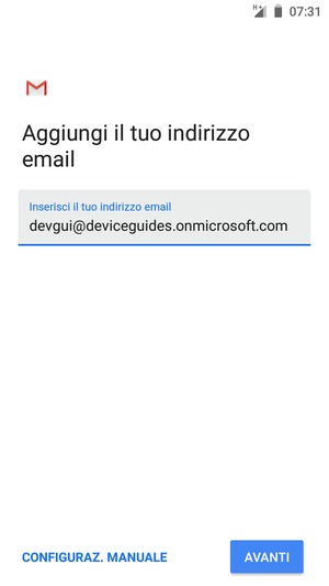 Inserisci il tuo indirizzo email e seleziona CONFIGURAZ. MANUALE