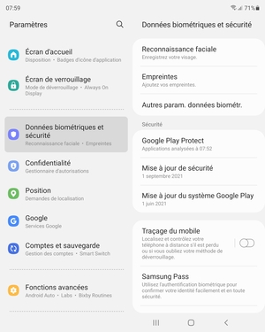 Faites défiler et sélectionnez Données biométriques et sécurité