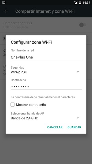 Introduzca una contraseña de punto de acceso Wi-Fi de al menos 8 caracteres y seleccione GUARDAR