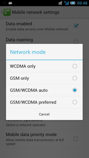 Select GSM only to enable 2G and GSM/WCDMA auto to enable 3G