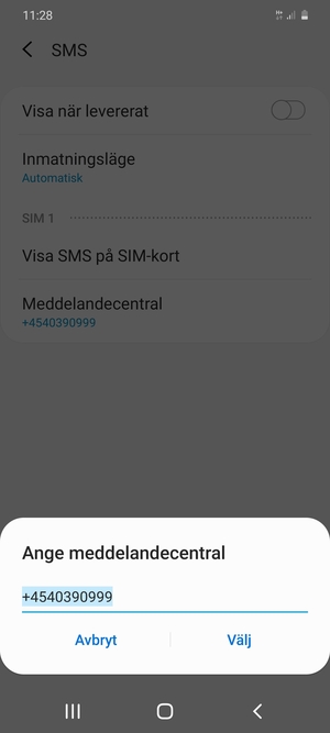 Ange Meddelandecentral-numret och välj Välj