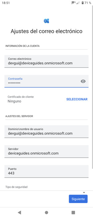 Introduzca Nombre de usuario y la dirección de servidor Exchange. Seleccione Siguiente