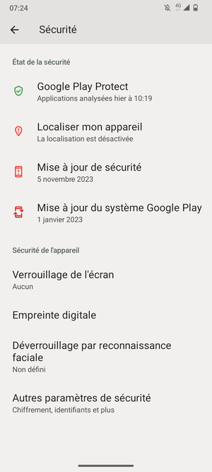Pour modifier le code PIN de la carte SIM, allez dans le menu Sécurité et faites défiler et sélectionnez Autres paramètres de sécurité