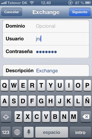 Introduzca su Información de correo electrónico Exchange y seleccione Siguiente