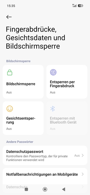 Um Ihre Bildschirmsperre zu aktivieren, gehen Sie zurück zum Fingerabdrücke, Gesichtsdaten und Bildschirmsperre Menü und wählen Sie  Bildschirmsperre