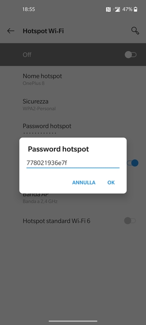 Inserisci una password dell'hotspot Wi-Fi di almeno 8 caratteri e seleziona OK