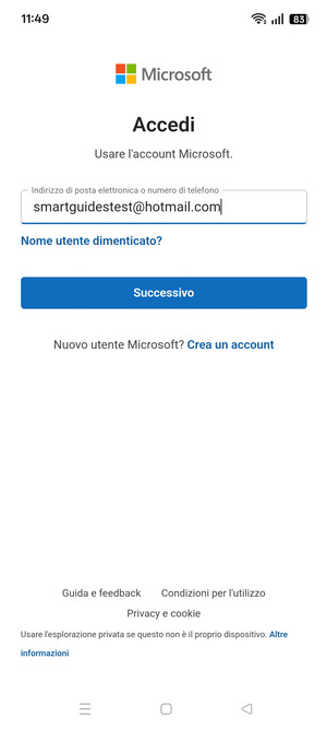 Inserisci il tuo indirizzo Hotmail e seleziona Successivo