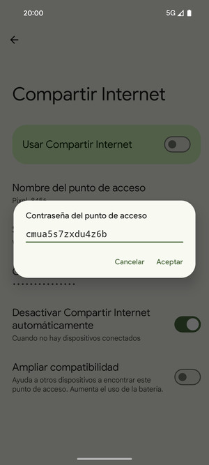 Introduzca una contraseña de punto de acceso Wi-Fi de al menos 8 caracteres y seleccione Aceptar