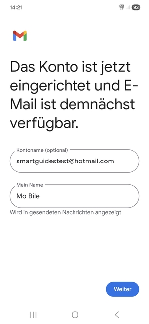 Geben Sie Ihrem Konto einen Namen und geben Sie Ihren Namen ein. Wählen Sie Weiter