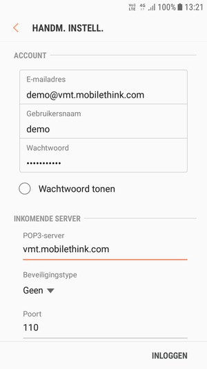 Voer Gebruiksnaam en binnenkomend serveradres in