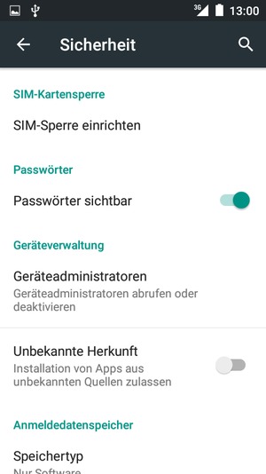 Um die PIN für die SIM-Karte zu wechseln, gehen Sie zum Sicherheit Menü zurück und wählen Sie SIM-Sperre einrichten