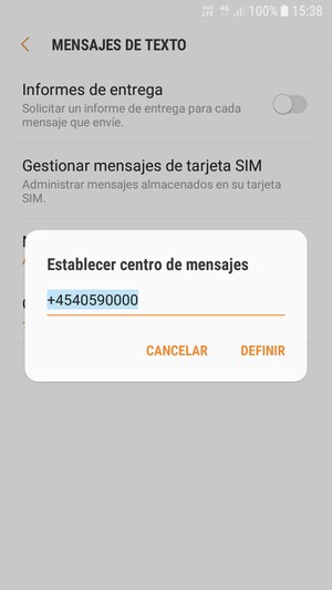 Introduzca el número de Centro de mensajes y seleccione DEFINIR