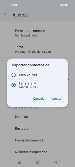 Seleccione Tarjeta SIM y  Aceptar