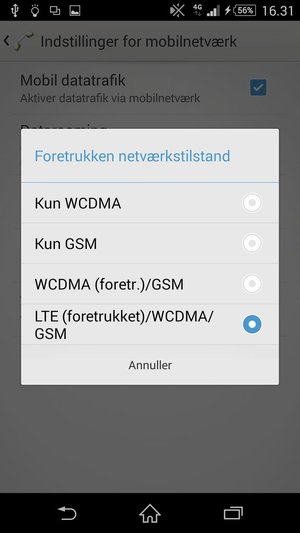 Vælg Kun GSM for at aktivere 2G