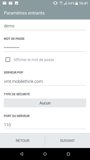 Saisissez l'adresse du serveur entrant et sélectionnez SUIVANT