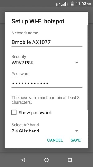 Enter a Wi-Fi hotspot password of at least 8 characters and select SAVE
