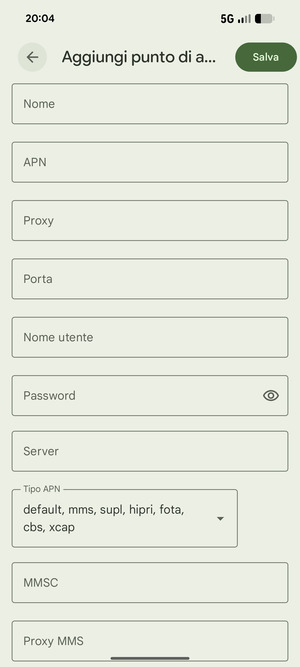 Inserisci le informazioni di Internet