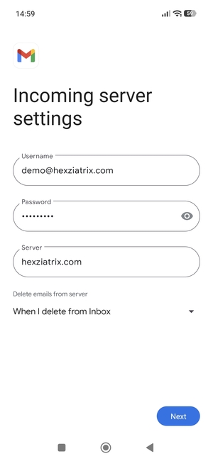 Enter Username and Incoming server address. Select Next