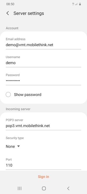 Enter Username and Incoming server address