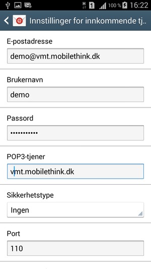 Skriv inn Brukernavn og innkommende serveradresse