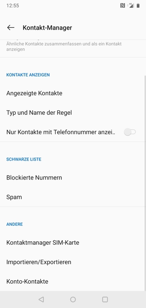 Scrollen Sie und wählen Sie Kontaktmanager SIM-Karte