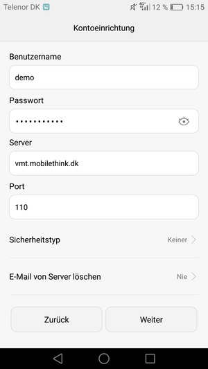 Geben Sie Benutzername und die Server-Adresse für eingehende Post ein. Wählen Sie Weiter