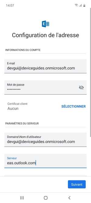 Saisissez votre Nom d'utilisateur et l'adresse du serveur Exchange. Sélectionnez Suivant