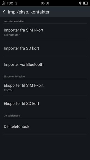 Velg Importer fra SIM1-kort eller Importer fra SIM2-kort