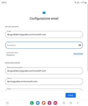 Inserisci Nome utente e l'indirizzo del server Exchange. Seleziona Avanti