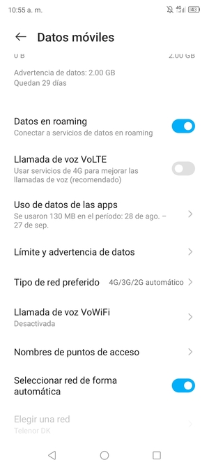 Activar o desactivar Datos en roaming