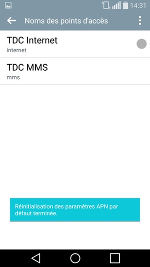 Votre téléphone va être réinitialisé avec les paramètres Internet et MMS par défaut